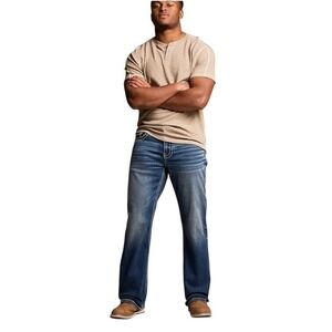 BKE Tyler Mens Relaxed Bootcut Jeans 32x34 Blue Distressed Thick Stitch KBK4234L